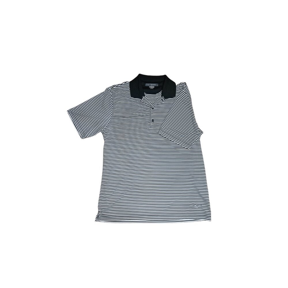 Greg Norman Black and White Striped Play Dry Golf Polo - Size L